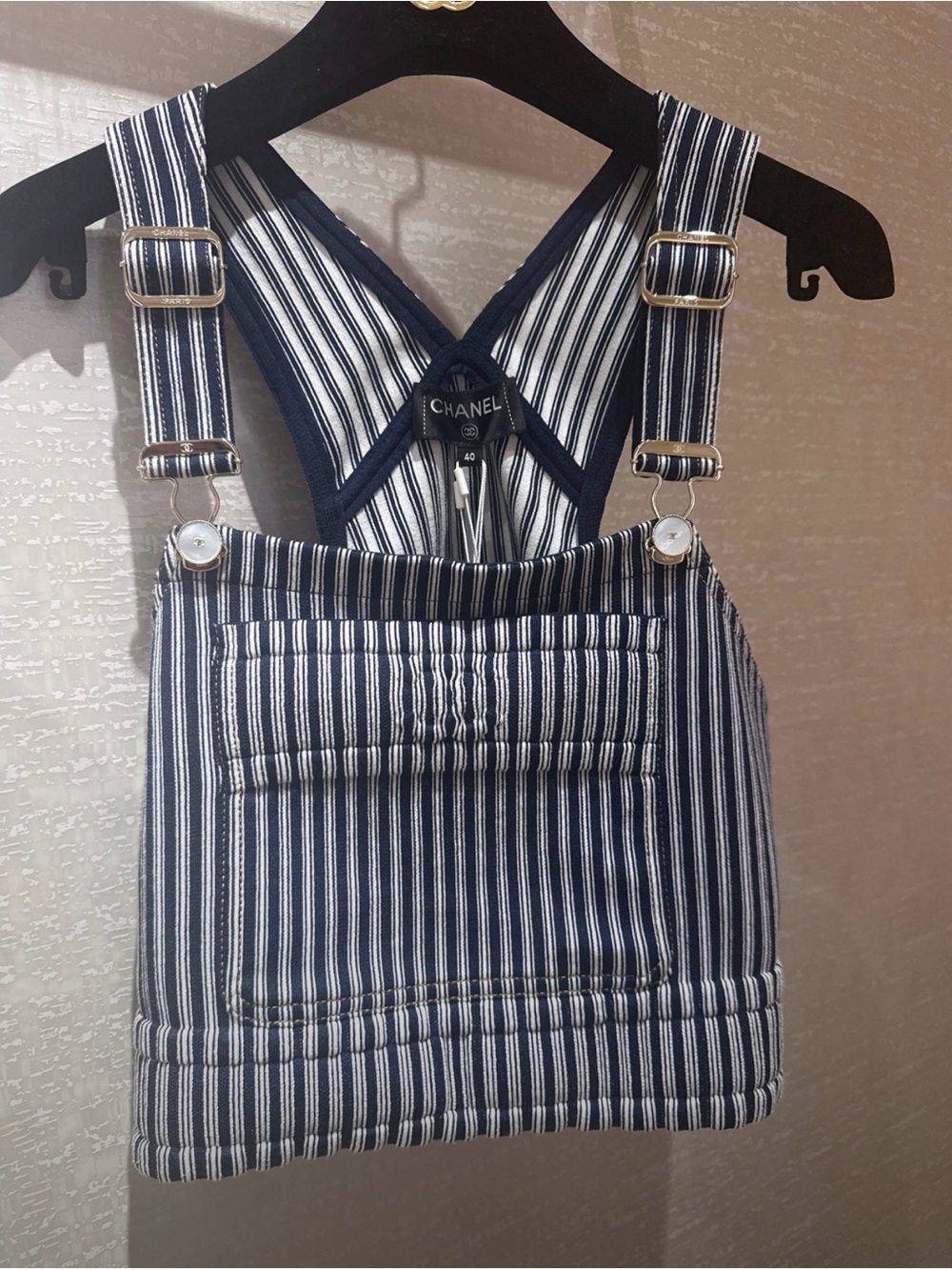 CHANEL authentic w Tags  Navy and White Striped Overall shirt